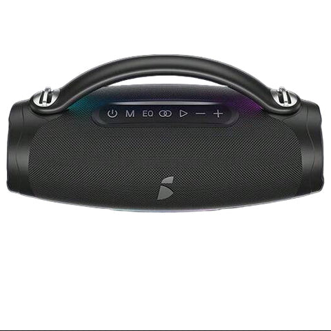 Black portable Bluetooth speaker with handle on a white background