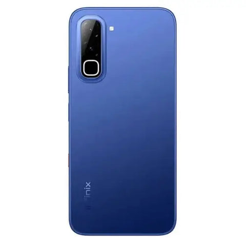 A blue Infinix smartphone shown from the back, featuring a vertical dual-camera system and a small Infinix logo near the bottom, set against a plain white background.