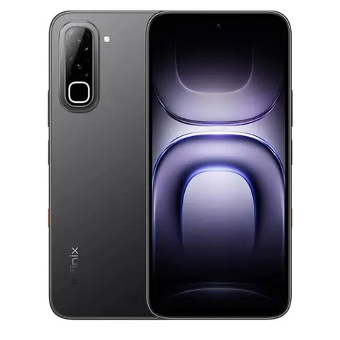 A black Infinix smartphone shown from both front and back, with the back panel on the left and the front screen on the right, on a plain white background.