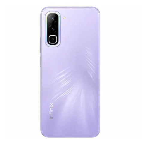 A light purple Infinix smartphone shown from the back, featuring a vertical dual-camera cutout and a subtle feather-like graphic on the back panel, set against a plain white background.