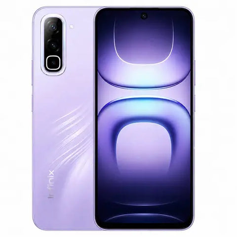 A purple Infinix smartphone shown from the back and front, with a vertical triple-camera setup on the back and a large front screen, on a plain white background.
