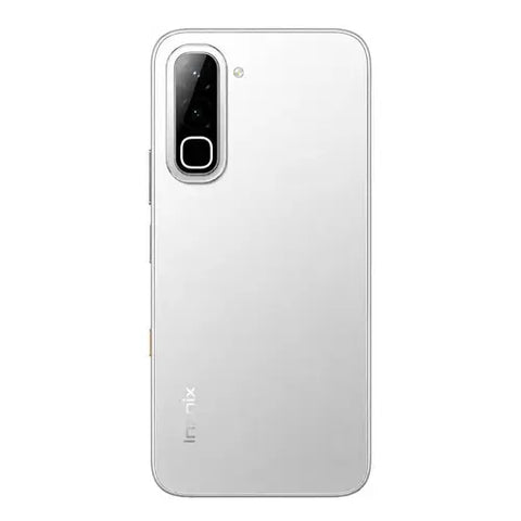 A silver smartphone shown from the back on a plain white background, with a vertical camera cutout and a visible 'inix' logo near the bottom.