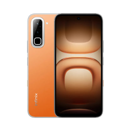 An Infinix smartphone shown from the back and front against a plain white background. The phone has a metallic orange back panel with a vertical camera cutout and the 'infinix' logo near the bottom, and a black front bezel with a lit display showing a brown and gold abstract wallpaper.
