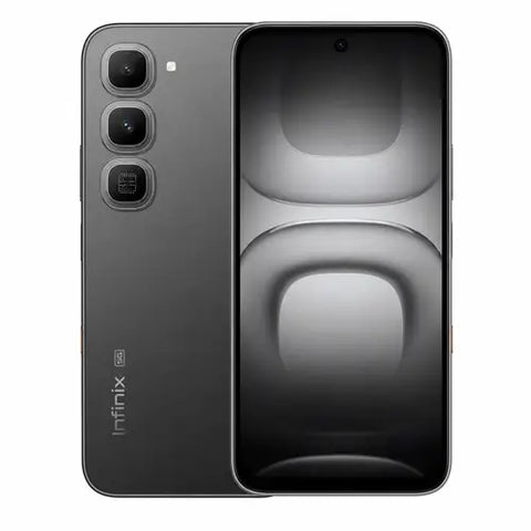 An Infinix 20 smartphone shown from both the back and front angles against a plain white background. The phone features a dark gray metallic finish on its back with three vertical camera lenses, and a matching dark screen on the front.