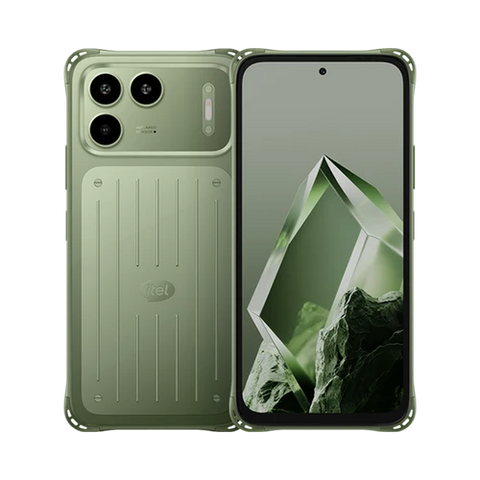 A rugged smartphone shown from the back and front on a plain white background. The phone has a matte sage green finish with a thick protective bumper, a large triple-camera system on the back, and a front screen displaying a green crystal wallpaper.