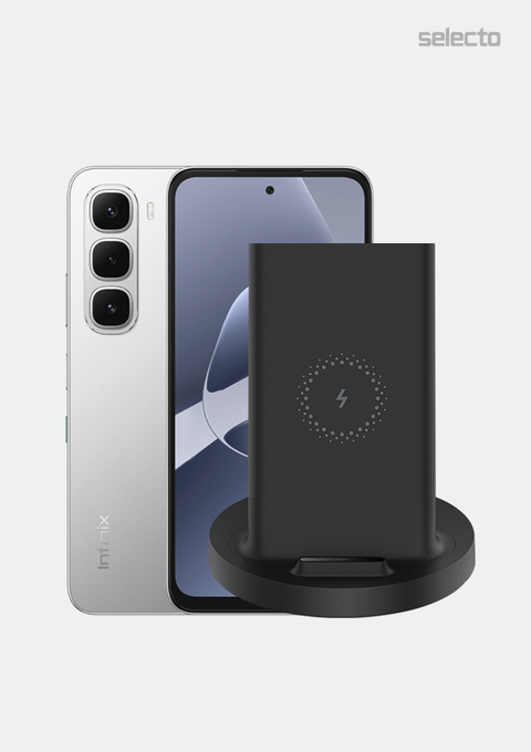 A black rectangular wireless charger on a matching circular base, shown in front of a smartphone. The charger has a circular charging symbol printed on the front.