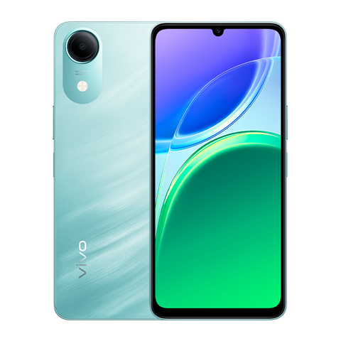 A Vivo smartphone shown from both front and back on a plain white background. The back is a pale icy blue-green with a vertical camera cutout and the Vivo logo near the bottom.