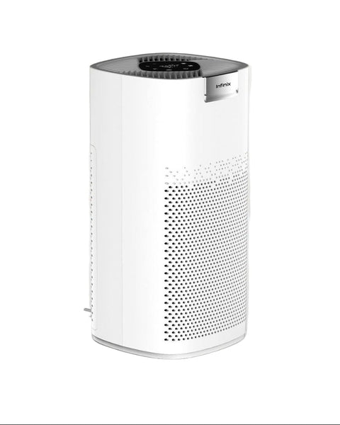 Air purifier with text 'Breathe Easier' and product details on a white background