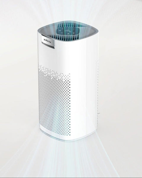 Air purifier with text highlighting its cleaning capabilities on a white background