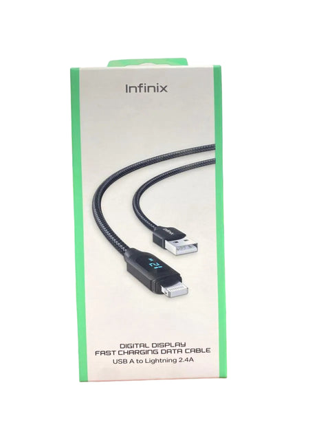Infinix digital display fast charging data cable packaging held in front of a television screen.